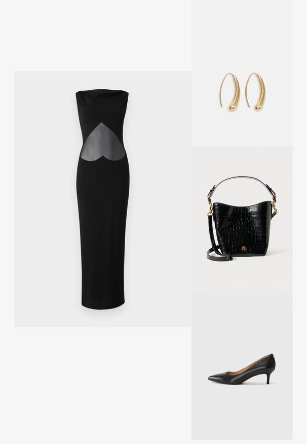 Undress Code Robe de soirée - black; Pompe noire en cuir avec un embout pointu, un petit talon et une texture lisse. Présente une légère ouverture à l'avant et un matériel minimal à l'arrière.; Sac en cuir noir à motif crocodile, de forme courbée, avec des accents en métal doré, une bandoulière ajustable et un détail de logo à l'avant.; Boucles d'oreilles en métal doré en forme d'anneau, avec une forme courbée et allongée. Elles présentent une surface lisse et brillante avec une pointe arrondie pour un détail supplémentaire.