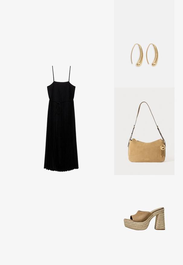 Črna plisirana maxi obleka z tankimi naramnicami in tankim pasom.; Rjave zamšaste platforme mule z odprtim prstom, ki imajo masiven pleteni juten peto in gladko, zaobljeno zgornjo zasnovo.; Tan gamasti torbica z naramnicami, ukrivljene oblike, z zlatimi detajli in zadrgo. Ima dodan čar s inicialkami "MK."; Zlato-tonirani kovinski uhani v obliki obroča s krivuljo in podolgovato obliko. Imajo gladko, sijočo površino in zaobljen vrh za dodaten detajl.