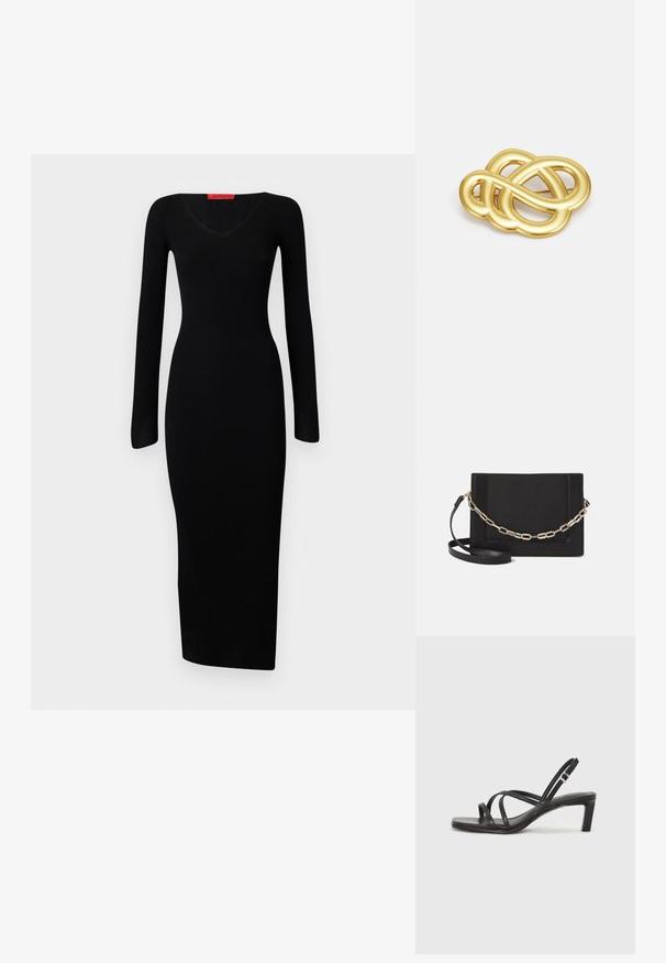 Melna, ribota, garām piedurknēm kleita ar V veida kakla izgriezumu, pieguļoša augšdaļa un taisna apakša, izgatavota no elastīgas auduma, kas nodrošina pieguļošu siluetu.; Melnas strappy sandales ar kvadrātveida purngaliem un zemu bloku papēdi. Ievērojamas ar vairākiem plāniem siksniņām un regulējamu potītes siksniņu. Izgatavotas no gludas ādas.; Melna ādas crossbody soma ar gludu faktūru, taisnstūrveida formu un metalizētu ķēdes detaļu priekšā. Iekļauta regulējama siksna.; Zelta toņa broša ar mezglota dizaina, gludām, izliekamām līnijām un sarežģītu formu, kas atspoguļo pulētu apdari.