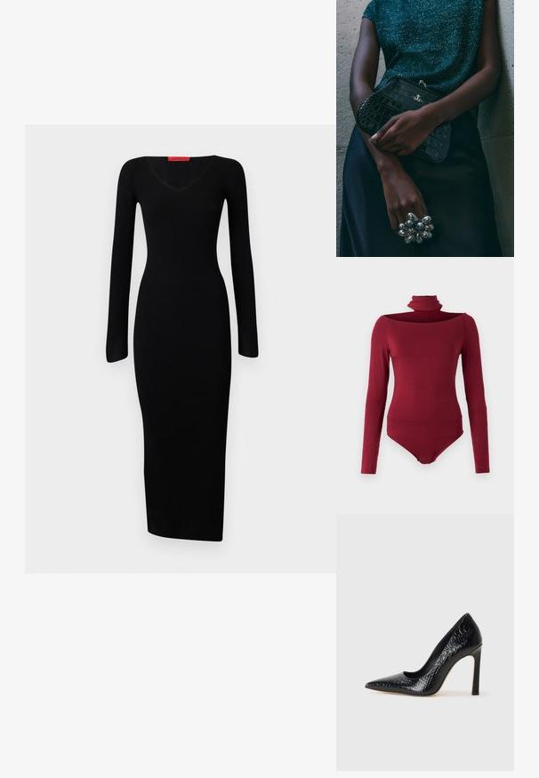 Juoda, raukšlėta su ilgomis rankovėmis su V-formos kaklu, prigludusių šonu, tiesiu apdailos kraštu, pagaminta iš tamprios medžiagos, suteikiančios figūrą atitinkantį siluetą.; Ilgas rankoves bodidė su aukštu apykakle ir nugara palikta atvira, vientisos burgundiškos spalvos. Pagaminta iš minkštos, tamprios medžiagos.; Juoda smailiakulnė aukšto kulno bateliai su krokodilo odos tekstūra, pasižymintys elegantišku dizainu, aukštu stiletu kulnu ir lygia juoda vidine dalimi.; Juodas krokodilo odos rašto vakarėlis su sidabriniais aksesuarais, laikomas prieš tekstūruotą pilką foną. Pasižymi blizgiu paviršiumi.