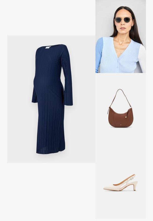 Granatowa sukienka ciążowa z prążkowanym wzorem, do kolan, z długimi rękawami, okrągłym dekoltem, z pionowymi fałdami i dopasowanym krojem dla wygody.; Biała szpilka slingback z ostrym noskiem, gładkim materiałem wierzchnim, niskim obcasem blokowym oraz wycięciami po bokach i regulowanym paskiem z klamrą.; Okrągłe okulary przeciwsłoneczne z ciemnymi soczewkami i złotymi ramkami. Modelka nosi jasnoniebieski kardigan w prążki z guzikami i białymi rękawami w kontrastowym kolorze.; Brązowa torebka na ramię z eko-skóry o zaokrąglonym kształcie, z minimalnym przeszyciem i złotym akcentem na okuciach. Posiada zamek błyskawiczny u góry oraz regulowany pasek.