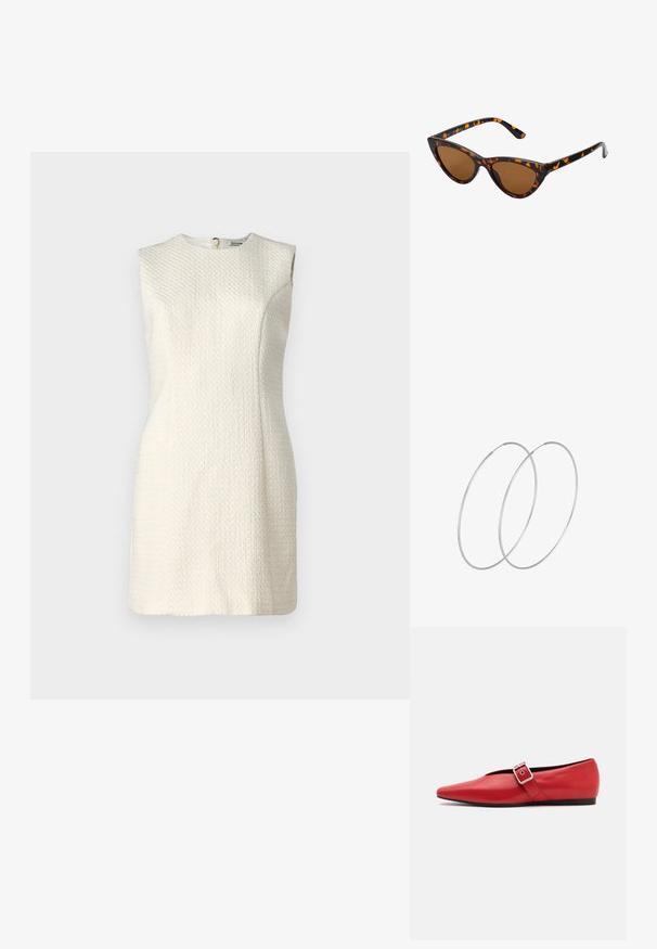 Vestido sin mangas color crema con tejido texturizado y escote alto. Presenta un cierre en la parte posterior oculto y Silueta ajustada.; Zapato plano de cuero rojo con punta afilada, que presenta una correa lateral con una hebilla de metal y un tacón bajo negro. Textura suave en toda su superficie.; Gafas de sol estilo ojo de gato con montura de carey negra y naranja, lentes marrones y puntas elegantes y afiladas. Presenta un logo minimalista en la patilla.; Pendientes de aro plateados con un diseño minimalista. Forma circular, textura suave y perfil delgado. Livianos con un acabado pulido.