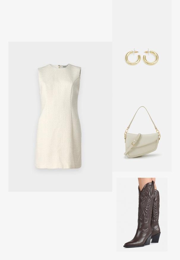 Krem halterica bez rukava s teksturiranim materijalom i visokim okovratnikom. Ima skrivenu stražnju patent zatvarač i prilagođen siluetu.; Smeđe kožne kauboj čizme s šiljastim vrhom i blok-potpeticom, s detaljno izvezenim šavovima i uzdignutim naglascima na okovu.; Mala krem torbica s teksturiranim finišom, dugačkim podesivim remenom, lančanim detaljem i preklopom. Zlaćani hardver.; Zlatne kružne naušnice s glatkom, sjajnom završnom obradom. Kružni dizajn s malom potporom i prozirnom podlogom za sigurno nošenje.