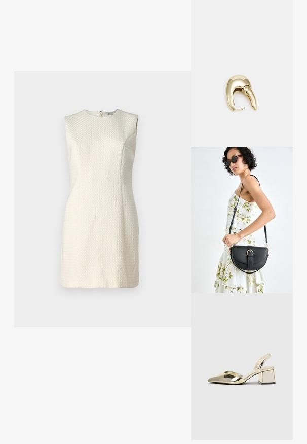 Vestido sin mangas color crema con tejido texturizado y escote alto. Presenta un cierre en la parte posterior oculto y Silueta ajustada.; Tacones slingback metálicos dorados con punta afilada y tacón grueso. Textura suave, diseño minimalista y una correa estrecha.; Bolso de piel negra con forma curva, correa desmontable y herrajes dorados. El bolso cuenta con una solapa con un detalle de hebilla.; Pendiente de metal en tono dorado con un diseño elegante y curvado. Presenta una forma puntiaguda distintiva, superficie pulida y cierre de bisagra.