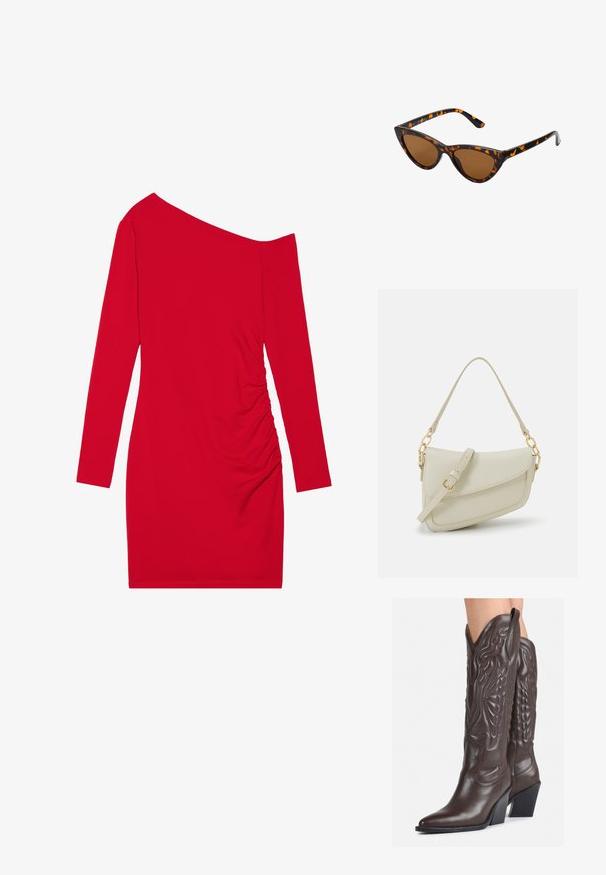 Červené šaty s dlhým rukávom, asymetrickým výstrihom, zhrnutou textúrou na jednej strane a priliehavým strihom. Vyrobené z elastického materiálu.; Hnedé kožené kovbojské topánky s špicatou špičkou a blokovým podrážkou, so zložitým prešívaním a vyvýšenými akcentmi na puzdre.; Mačacie slnečné okuliare s čiernym a oranžovým želvovinovým rámom, hnedými sklami a elegantnými, špicatými koncami. Obsahujú minimalistické logo na spánku.; Malá krémová kabelka s textúrovaným povrchom, dlhým nastaviteľným popruhom, reťazovým detailom a klopovým uzáverom. Zlaté kovové prvky.