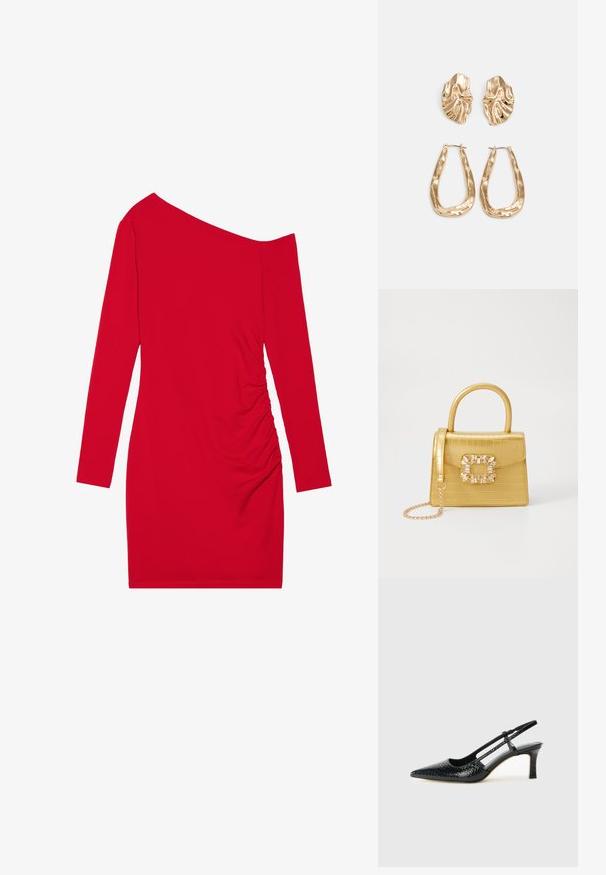 Crvena haljina dugih rukava s asimetričnom dekolteom, nabrana tekstura s jedne strane i uski kroj. Izrađena od rastezljivog materijala.; Crne lakirane slingback pete s oštrim vrhom, s teksturiranim uzorkom zmijske kože, podesivom remenom i kratkom, teksturiranom blok-petom.; Žuta torbica od umjetnog krokodila sa strukturiranim dizajnom, gornjom ručkom, odvojivim lančićem i dekorativnim kristalnim ukrasom na kopči.; Naušnice zlatne boje s teksturiranim, valovitim oblicima. Uključuju skulpturalne kopče i dizajn otvorene kružnice s kovanom završnom obradom.
