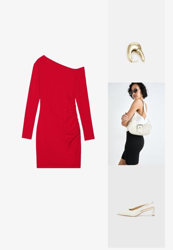 Raudona ilgomis rankovėmis suknelė su asimetriniu iškirpimu, surinkta tekstūra vienoje pusėje ir prigludusia siluetu. Pagaminta iš tamprios medžiagos.; Baltas lakinės oda slingback batelis su smailiu nosiu ir žemu blokiniu kulnu. Yra subtilus dirželis su auksiniu užsegimu.; Balta odinė rankinė su kreiva forma, reguliuojama dirželiu ir mažu sagties akcentu. Modelis vilki priglundančius juodus drabužius.; Aukso tono metalinės auskarai su stilingu, kreiviu dizainu. Išsiskiria ryškiu smailiu pavidalu, poliruota paviršiumi ir užsegimu su vyriu.