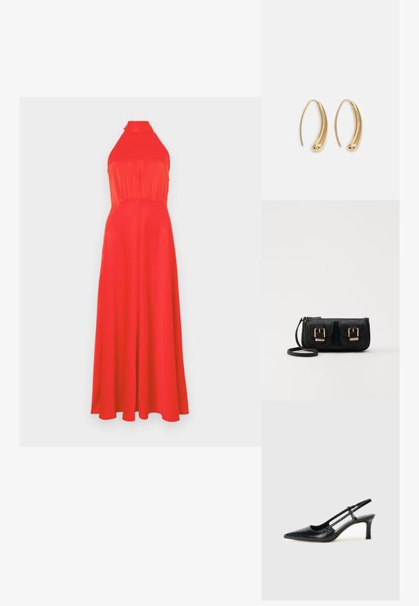 Červené šaty s holými ramenami, priliehavým korzetom a nadýchanou sukňou. Hladký materiál s jemným leskom, so stiahnutým pásom a dĺžkou po členky.; Čierne patentové slingback topánky na ihlovom podpätku s špicatou špičkou, s textúrovaným hadím vzorom, nastaviteľným popruhom a krátkym, textúrovaným blokovým podpätkom.; Čierna kožená crossbody taška s dvoma prednými vreckami, zlatými sponami, zipsovým uzatváraním a úzkym popruhom. Štruktúrovaný povrch a kompaktný obdĺžnikový tvar.; Náušnice vo forme zlatých kovových kruhov s zakriveným, predĺženým tvarom. Majú hladký, lesklý povrch a zaoblený koniec pre pridanie detailu.