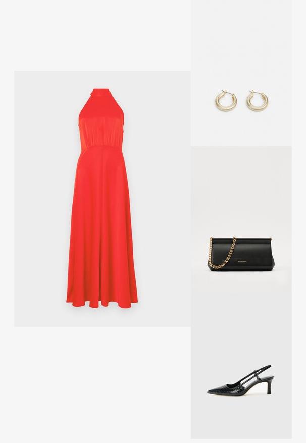 Crvena halter haljina s uskim korzetom i lepršavom suknjom. Glatka tkanina s blagim sjajem, s naglašenim strukom i dizajnom do članaka.; Crne lakirane slingback pete s oštrim vrhom, s teksturiranim uzorkom zmijske kože, podesivom remenom i kratkom, teksturiranom blok-petom.; Crna kožna torbica sa zlatnim lančićem, koja se odlikuje glatkom teksturom, pravokutnim oblikom i utisnutim brendom na prednjoj strani.; Lauren Ralph Lauren BASIC SMALL HOOP - Naušnice - gold-coloured