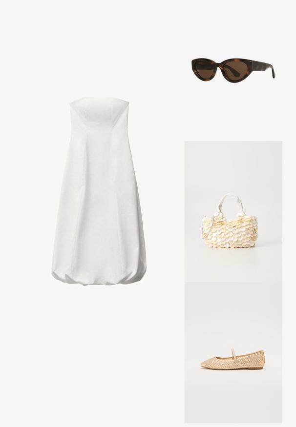 Bijela haljina bez naramenica s oblikovanim korzetom i voluminoznom, nabranom suknjom. Glatka tekstura bez vidljivih uzoraka. Jednostavan i minimalistički dizajn.; Zlatne pletene balerinke s bodnim vrhom, ravnim potplatom i trakicom preko srednjeg dijela stopala. Imaju strukturirane uzorke na gornjem materijalu.; Mačkaste sunčane naočale u obliku mačjih očiju s smešnim lećama, imaju glatke, sjajne plastične okvire i elegantan dizajn. Nema vidljivih logotipa ili akcenta.; Bijela torba s reljefnim, valovitim ukrasima koji podsjećaju na školjke. Ima pletenu ručku i srebrnu lančanu naramenicu za svestranost.