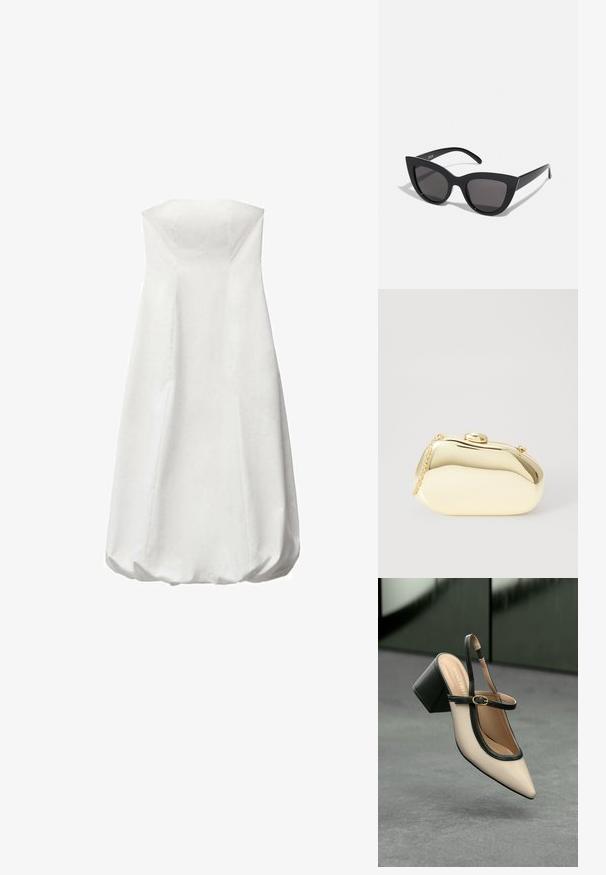 Rochie albă fără bretele, cu un corset ajustat și o fustă voluminoasă, plisată. Textură netedă, fără modele vizibile. Design simplu și minimalista.; Pantof divers în nuanță bej, cu vârf ascuțit, curea de susținere în spate, cu margine neagră, cataramă aurie și toc gros pe un podea gri, cu un fundal verde închis.; Ochelari de soare negri, forma cat-eye, cu un finisaj mat, având lentile gri și unghiuri ascuțite, precum și brațe laterale elegante. Numele brandului este vizibil pe brațul interior.; Clutch metalizat de culoare aurie, cu o formă netedă și rotundă, având un închizător tip buton în partea de sus și o curea mică pentru purtare.