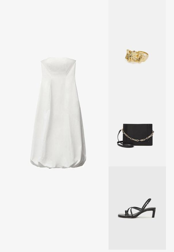 Bela obleka brez naramnic s prilegajočim telovnikom in voluminozno, nabirajočo krilo. Gladka tekstura brez vidnih vzorcev. Preprost in minimalističen dizajn.; Črne natikače s trakovi in kvadratnim prstom ter nizkim blokastim peto. Imajo več tankih trakov in nastavljiv trak okoli gležnja. Narejene so iz gladkega usnja.; Črna usnjena torba čez ramo z gladko teksturo, pravokotno obliko in kovinskim verižnim detajlom spredaj. Vključena je nastavljiva naramnica.; Zlati prstan z teksturiranim, valovitim dizajnom, ki ima tri izrazite vrhove. Gladka, sijoča površina z odprtim pasom za prilagodljivo prileganje.