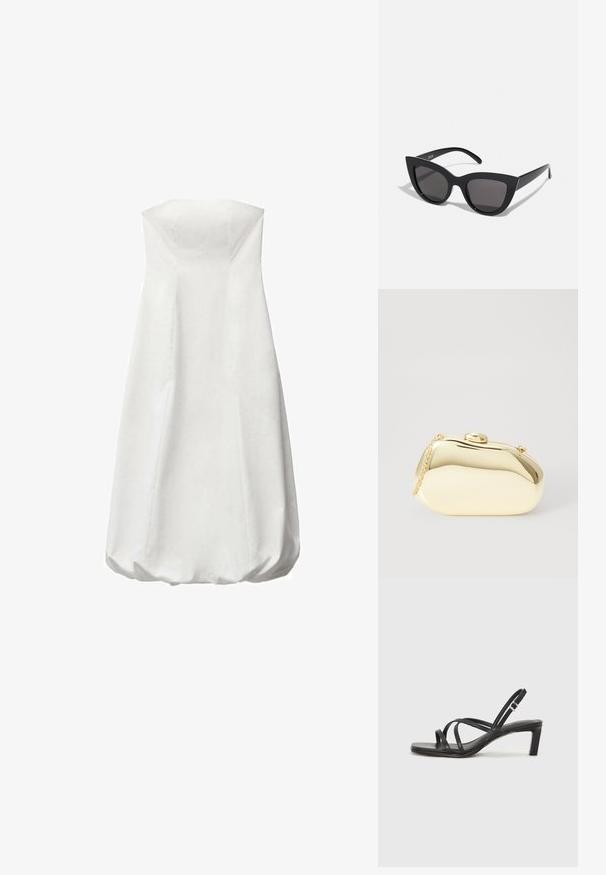 Bela obleka brez naramnic s prilegajočim telovnikom in voluminozno, nabirajočo krilo. Gladka tekstura brez vidnih vzorcev. Preprost in minimalističen dizajn.; Črne natikače s trakovi in kvadratnim prstom ter nizkim blokastim peto. Imajo več tankih trakov in nastavljiv trak okoli gležnja. Narejene so iz gladkega usnja.; Črne mačke-oko sončna očala z mat zaključkom, ki imajo sive tonirane leče, ostre kote in eleganten stranski del. Ime blagovne znamke je vidno na notranjem ročaju.; Metalna zlata torbica z gladko, zaobljeno obliko, opremljena z zgornjim gumbom in majhnim verižnim ročajem za nošenje.