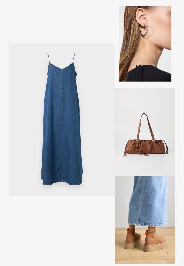 Vestido maxi de denim con finas tirantes tipo spaghetti, escote en V y silueta recta. Presenta un lavado azul claro y costuras visibles.; Botas de plataforma de ante marrón con paneles laterales elásticos y tiradores naranjas, combinadas con una falda de mezclilla ligera hasta la rodilla sobre un suelo de madera.; Bolso de cuero marrón con parte superior fruncida, correas ajustables y acentos metálicos. Presenta un detalle trenzado redondo en el lateral.; Pendiente de aro de plata con un acabado pulido, que presenta pequeños detalles en dorado y una forma redonda, llevado en el lóbulo.