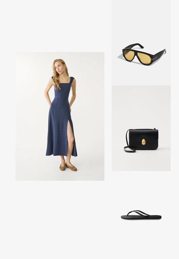Robe maxi en lin bleu marine avec encolure carrée, bretelles à volants et fente sur le côté. Associée à des chaussures marron avec des rivets en argent.; Tongs noires avec une semelle en caoutchouc texturée, deux fines lanières et un détail de logo embossé subtil sur la lanière.; Lunettes de soleil noires avec une monture géométrique, verres jaunes et accents dorés sur les branches. Texture lisse, forme large, design contemporain.; Sac à main en cuir noir avec une forme rectangulaire structurée. Équipé d'un fermoir ovale doré et d'une fine bandoulière. Texture lisse.