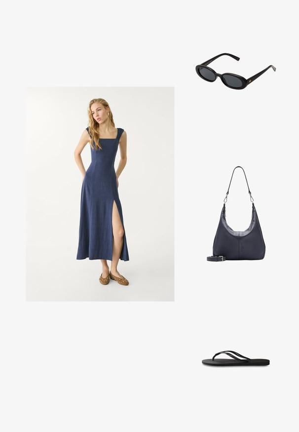 Navy linen maxi dress with square neckline, ruffled shoulder straps, and a side slit. Paired with brown shoes featuring silver studs.; Black flip-flop featuring a textured rubber sole, two slender straps, and a subtle, embossed logo detail on the strap.; Black oversized sunglasses with oval lenses, smooth plastic frame, and gold accents on temple. Dark lenses provide sun protection.; Dark blue leather shoulder bag with detachable strap, silver clasps, and subtle vertical logo detail on front center.