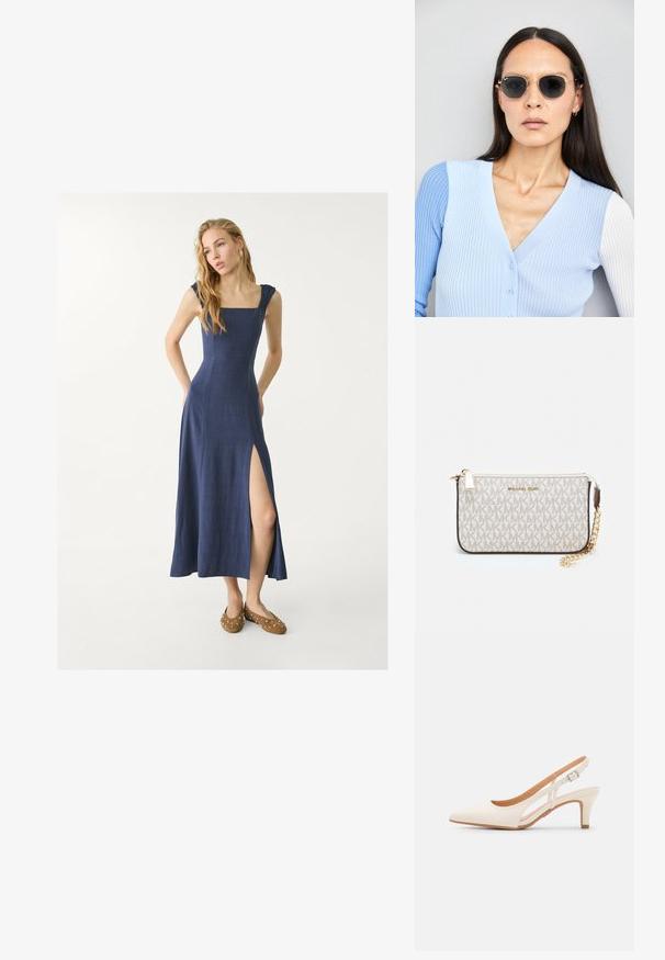Robe maxi en lin bleu marine avec encolure carrée, bretelles à volants et fente sur le côté. Associée à des chaussures marron avec des rivets en argent.; Talons aiguilles blanches à bride arrière avec un bout pointu, un dessus lisse, un petit talon carré et un design avec découpes latérales et sangle réglable.; Lunettes de soleil rondes avec verres sombres et monture en or. Le modèle porte un cardigan à côtes bleu clair avec des boutons et des manches blanches contrastantes.; Porte-monnaie Michael Kors en toile enduite beige avec un motif répété de logo MK, des accessoires en or et une bandoulière en chaîne amovible.