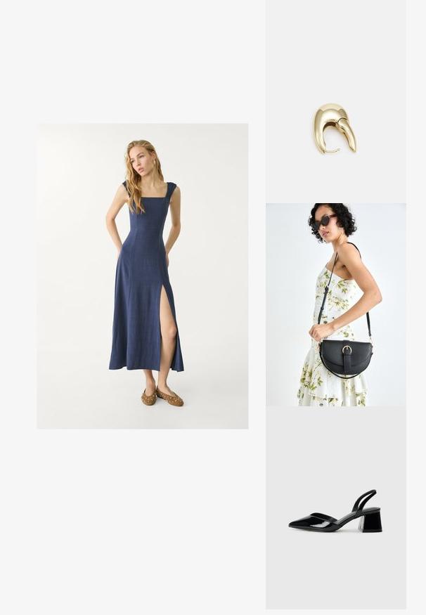 Námornícky ľanový maxi šaty so štvorcovým výstrihom, volánovými ramienkami a bočným rozparkom. V kombinácii s hnedými topánkami s striebornými nitmi.; Čierne lakované kožené sandálové podpätky s špicatou špičkou a geometrickým blokovým podpätkom. Disponujú elegantným, minimalistickým dizajnom a hladkým povrchom.; Čierna kožená kabelka s zaobleným tvarom, odnímateľným popruhom a zlatými doplnkami. Kabelka má klopu s detailom s prackou.; Náušnice z kovu v zlatej farbe s elegantným, zakriveným dizajnom. Majú charakteristický špicatý tvar, leštený povrch a uzáver na pánt.