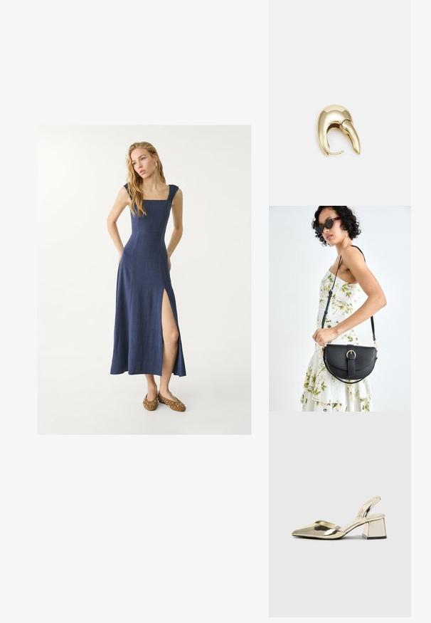 Navy linnen maxi-jurk met vierkante halslijn, ruches op de schouderbanden en een zij-split. Gepaard met bruine schoenen met zilveren studs.; Gouden, metalen slingback hakken met een spitse neus en een chunky hak. Glad oppervlak, minimalistisch ontwerp en een smalle band.; Zwarte leren handtas met een gebogen vorm, afneembare schouderband en gouden hardware. De tas heeft een klep met een gespsluiting.; Gouden metalen oorbel met een slank, gebogen ontwerp. Beschikt over een kenmerkende puntige vorm, gepolijste oppervlakte en scharnier sluiting.