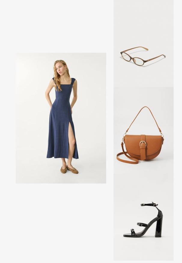 Marineblå maxi kjole i hør med firkantet udskæring, flæseærmer og en sideslids. Kombineret med brune sko med sølvnitter.; Sorte patenterede hælsandaler med firkantet tå, ankelremme og sølvspænder. Har en chunky blokHæl for stabilitet.; Brune skildpaddemønstrede briller med ovale linser, tynde arme og gennemsigtige accenter. Har et diskret logo på stangen. Slankt, let design.; Brun læder crossbody taske med en buet form, guldfarvet hardware og en spændeaccent. Har en aftagelig skulderrem.