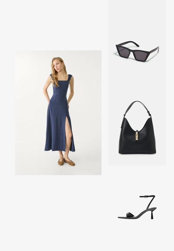 Mornarsko modra maxi obleka iz lana s kvadratnim izrezom, nabranimi naramnicami in stranskim razporkom. V kombinaciji z rjavimi čevlji z srebrnimi žeblji.; Bershka Sandali z visoko peto - black; Črne, angularne sončne očala z sivimi lečami; izdelana iz plastike, imajo debele ročke z gladko površino in brez vidne opreme.; Črna usnjena torbica za čez ramo z zaobljeno, oblikovano silhueto, ki ima zlato zaklepanje in eno nastavljivo naramnico. Gladka tekstura.