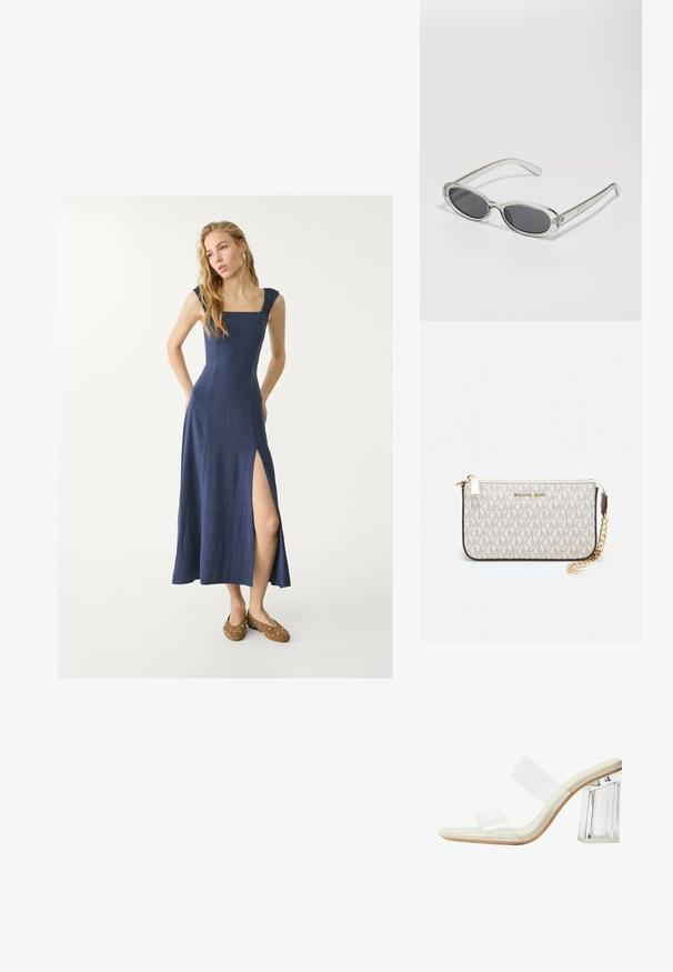 Granatowa lniana sukienka maxi z kwadratowym dekoltem, falbaniastymi ramiączkami i bocznym rozcięciem. Połączona z brązowym obuwiem z srebrnymi ćwiekami.; Przezroczyste sandały na obcasie z przezroczystymi paskami, beżową wkładką oraz masywnym przezroczystym blokowym obcasem. Elegancki i gładki design o minimalistycznej estetyce.; Okulary przeciwsłoneczne w owalnym kształcie, z przezroczystą plastikową oprawą, ciemnoszarymi soczewkami oraz cienkimi przezroczystymi ramionami z akcentami logo i minimalnymi detalami.; Portfel na nadgarstek marki Michael Kors w beżowej, pokrytej płótnem, z powtarzającym się wzorem logo MK, złotym okuciem i odpinanym łańcuszkowym paskiem.