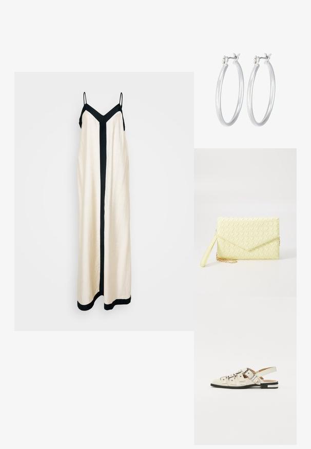 Kreem-color maksiriietus musta V-kujulise dekoltee ja külgsete detailidega. Valmistatud siledast kangast, reguleeritavate rihmadega ja voolava siluetiga.; Valged nahast slingback-sandaalid, millel on mitmeid laiad rihmad ja hõbedased pandlad; tasane tald väikese musta kanna ja metalliliste detailidega.; Kollane kudumine käekott, millel on klapp disain, eemaldatav randme rihm ja kuldne ahelakaunistus. Sile tekstuur ja ristkülikuline kuju.; Hõbedased rõngaskõrvarõngad, millel on sile, läikiv viimistlus. Ümmargune kuju ja turvaline klõpsulatus. Kerge disain, sobib igapäevaseks kandmiseks.