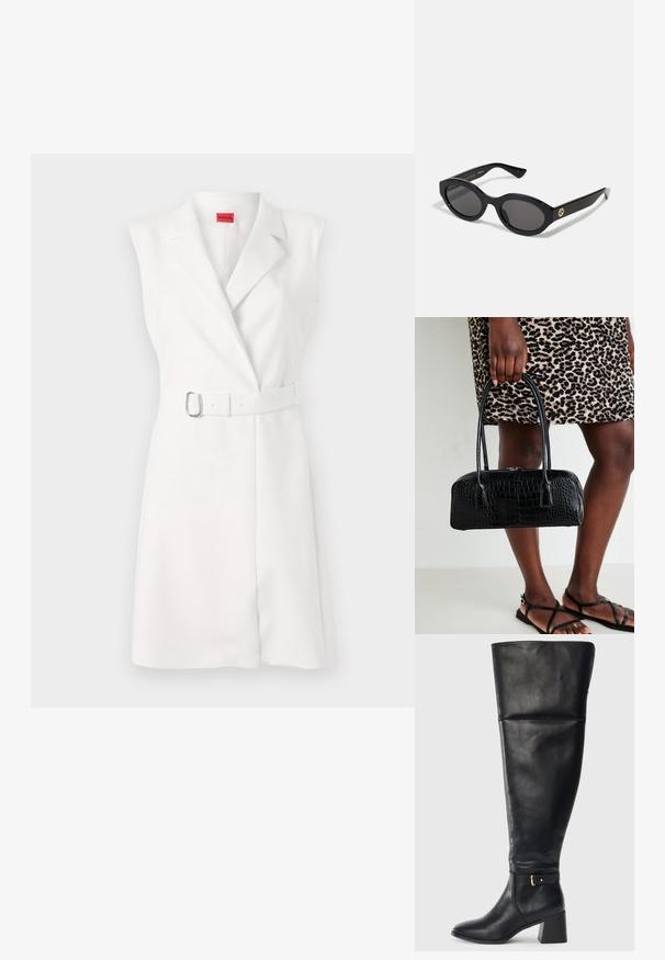 White sleeveless dress with a tailored design, lapel collar, and a matching belt featuring a silver buckle. Smooth texture, knee-length.; Black knee-high leather boot with block heel and decorative strap with gold buckle above the ankle, side view on white background.; Black oval sunglasses with dark lenses and glossy plastic frame. Features gold logo on the temple, offering a sleek and modern design.; Black crocodile-textured handbag with two handles and a zipper closure. The bag has a rectangular shape and a glossy finish.