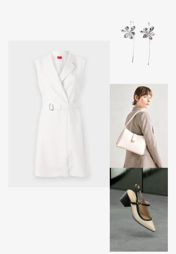 Weißes ärmelloses Kleid mit taillierter Schnittführung, Reverskragen und passendem Gürtel mit silberner Schnalle. Glatte Textur, knielang.; Beige Slingback-Schuh mit spitzer Zehenpartie, schwarzer Umrandung, goldener Schnalle und dicker Blockabsatz auf grauem Boden vor dunklem grünen Hintergrund.; Weiße Lederhandtasche mit strukturiertem Design, ausgestattet mit einem Magnetverschluss und einem Schulterriemen, präsentiert vor einem neutralen Hintergrund.; Silberne blumenförmige Ohrringe mit strukturiertem Finish, die lange Haken und blütenblattartige Details für ein filigranes Design aufweisen.