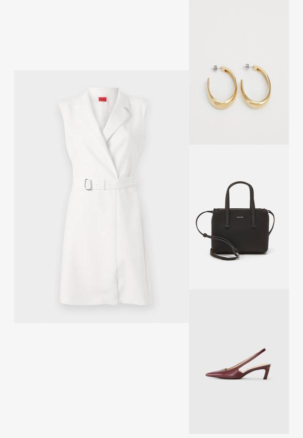 Bijela haljina bez rukava s krojem, ogrlicom i remenom u tonu koji se odlično uklapa te srebrnom kopčom. Glatka tekstura, dužine do koljena.; Burgundske potpetice sa otvorenom pete, oštar vrh, izrezane detalje sa strane i srednje visoku blok petu. Glatka kožna završna obrada.; Crna torba s dva kratka ručka i uklonjivom naramenicom. Glatki materijal nalik koži s zatvaračem na zatvaranje i detaljem s logom.; Zlatne okrugle naušnice s glatkim, zakrivljenim dizajnom. Izrađene od metala, s elegantnom završnom obradom i zatvaranjem na iglu.