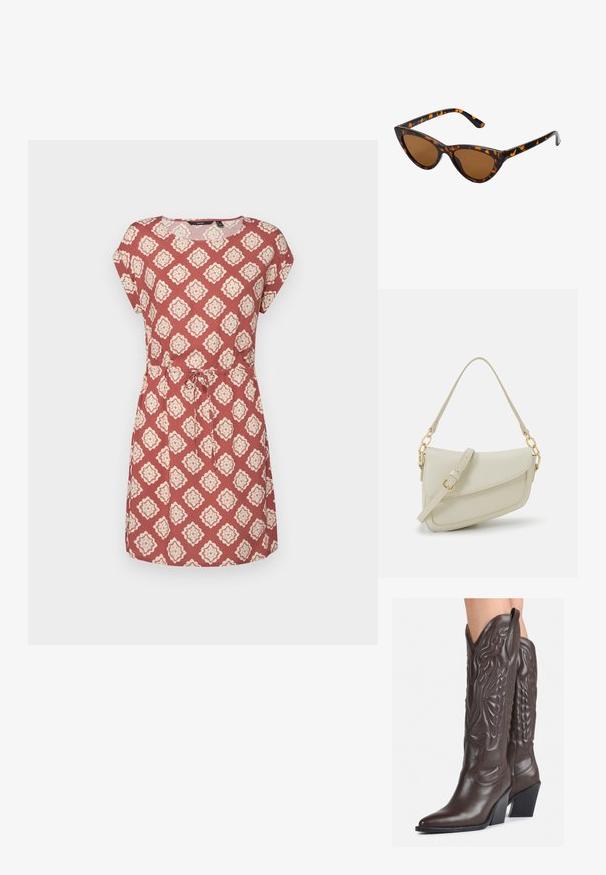 Sarkana kleita ar ziedu dimanta rakstu, īsām piedurknēm, apaļu kakla izgriezumu un sasienamu jostu viduklī. Izgatavota no viegla auduma.; Brūni ādas kovboju zābaki ar norādītu purngalu un blokveida papēdi, ar detalizētu šūšanu un paceltiem akcentiem uz kājas daļas.; Kaķa acs saulesbrilles ar melnu un oranžu bruņurupuču rakstu rāmi, brūnām lēcām un elegantiem, norādītiem galiem. Rāmī ir minimālists logos uz tempļa.; Maza krēmkrāsas rokas soma ar teksturētu apdari, garu regulējamu siksniņu, ķēdes akcentu un vāciņa aizdari. Zelta aparatūras detaļas.