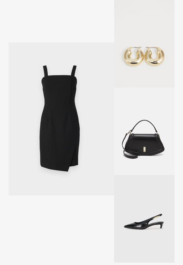 Rochie neagră mulată cu decolteu pătrat, bretele ajustabile și detaliu în față cu suprapunere, confecționată dintr-un material cu textură fină.; Sandale slingback din piele neagră cu vârf ascuțit, având un toc subțire și un accent de culoare aurie pe curea ajustabilă. Textură netedă.; Geantă de umăr din piele neagră, cu un design structurat, având o formă tăiată, mânere superioare și accente din aur. Include o curea de umăr ajustabilă.; Cercei din aur în formă de cerc, cu un design neted și rotunjit și o finisare strălucitoare, având un sistem de închidere pentru securizare. Gravati cu "DKNY."