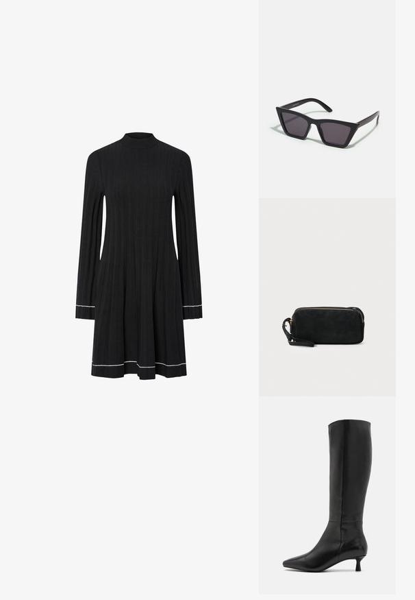 Juodas ribotuotos megztos suknelės ilgomis rankovėmis su dirbtiniu kaklu ir baltomis apdailos detalėmis ant rankogalių ir apačios.; Zign Batai - black; Juodos, kampuotos saulės akinios su pilkais stiklais; pagaminti iš plastiko, su storomis šakėmis, turinčiomis lygų paviršių ir be matomų detalių.; Juodas zomšos sankabos krepšys su užtrauktuku ir nuimamu riešo dirželiu. Krepšys turi auksinės spalvos detales ir lygią, matinę tekstūrą.