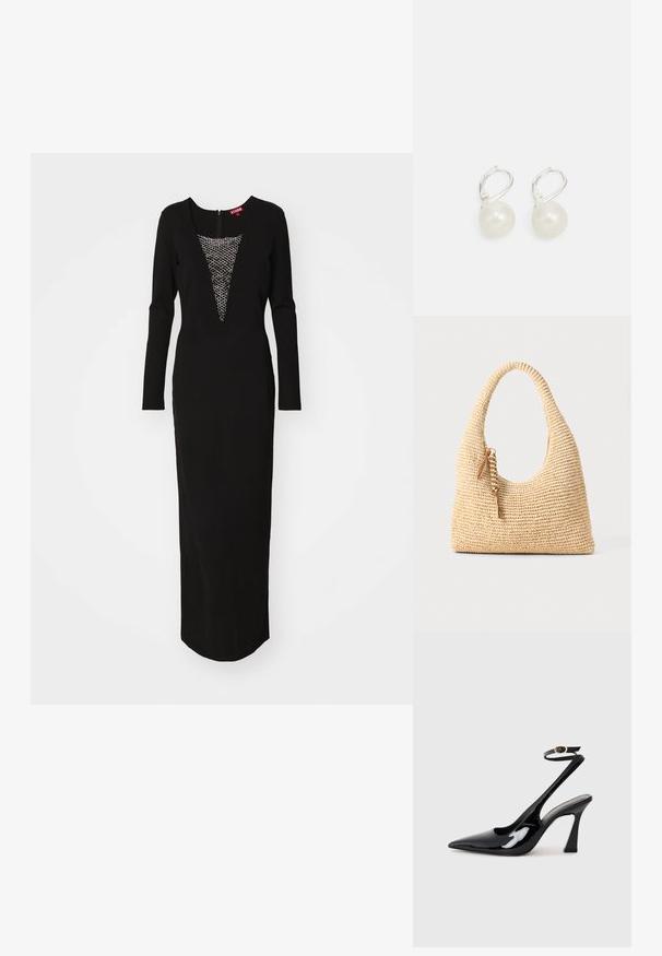 Crna haljina dugih rukava s dubokim V-izrezom koja sadrži metalik tkaninu na prsima. Elegantna, uska silueta, do gležnjeva.; Crne lakirane slingback cipele s visokom potpeticom, u obliku špice, s podesivim remenom oko gležnja i umjerenom blok-potpeticom. Glatka tekstura s sjajnim završetkom.; Tkanina bežna torba s zakrivljenim ručkom, teksturiranom površinom i smeškom smeškom od smeđe boje. Ima opušten oblik hobo torbe.; Naušnice s bisernim kapljicama s poliranom površinom, s srebrnim okovom i okruglim, bijelim biserima. Jednostavan, klasičan dizajn.