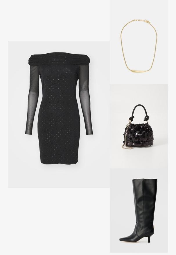 Čierna off-shoulder šaty s priesvitnými dlhými rukávmi, ozdobené malými striebornými bodkami a priliehavým strihom. Hladká textúra po celom povrchu.; Čierne kožené vysoké čižmy po kolená s špicatou špičkou, elegantným dizajnom a zúženým 7,5 cm podpätkom. Na zadnej strane je zlatý akcent.; Čierna mini kabelka so štrasom, s uzlovým textúrovaným popruhom a strieborným reťazom. Guľatý tvar s riaseným vrchom a reflexnými detailmi.; Zlatom pozlátený náhrdelník s hladkým, zakriveným centrálnym akcentom. Obsahuje flexibilný reťaz s karabínkovým zapínaním a ďalšími nastaviteľnými článkami reťaze.