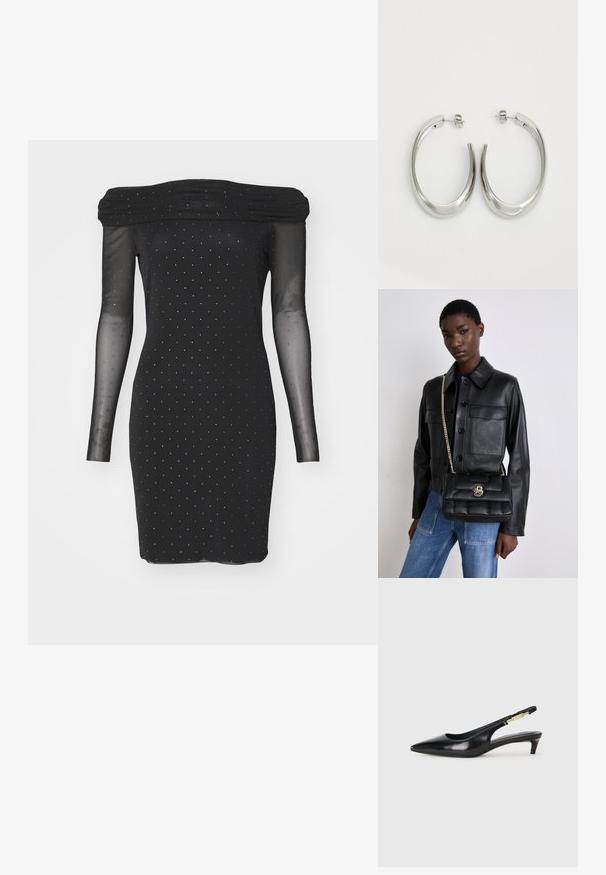 Mustat olkaimia paljastava mekko, jossa on läpikuultavat pitkät hihat, koristeltu pienillä hopeisilla pisteillä, ja muotoon ommeltu siluetti. Tasainen rakenne koko mekossa.; Mustat nahkaiset slingback-korkokengät, joissa on terävä kärki, ohuet korot ja kultasävytteinen yksityiskohta säädettävässä hihnassa. Silkkinen pinta.; Mustat nahkatakki, jossa on napitus ja kaksi etutaskua, yhdistetty mustaan tikattuun käsilaukkuun, jossa on kultainen lukko ja ketjuolkaimet.; Hope hopeista, joissa on sileä, kaareva muotoilu. Varustettu kiiltävällä metallipinnoitteella ja nappikiinnityksellä. Ei näkyviä kuvioita tai koristeluja.