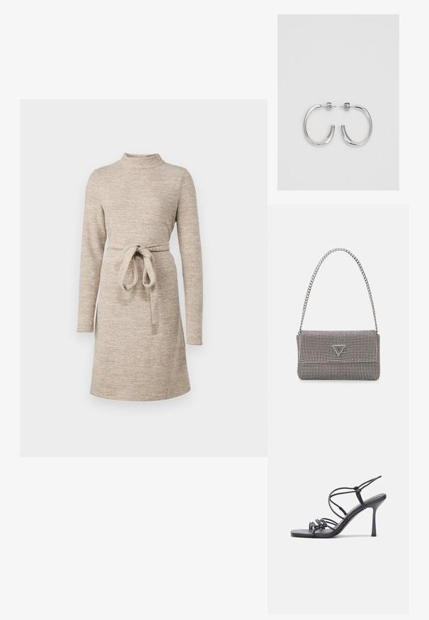 Beige kootud Kleidiga, millel on vale kaelus, pikad varrukad ja kangast vöökoht. Pehme tekstuur ja A-line lõige, põlvekõrgune.; Mustad musta värvi kontsandaalid on varustatud peente rihmadega, millel on sõlmekujundus, siledad ruudukujulised varbad ja stiilne stilettokonts.; Helehall metallik handbags, millel on kett, kaunistatud väikeste ümmarguste metallist õmblustega ja kolmnurkse brändi logoga.; Hõbedased rõngaskõrvarõngad, millel on sile ja läikiv pind. Ümar kuju, kerge disain, millel on post-tagumise kinnituse süsteem.