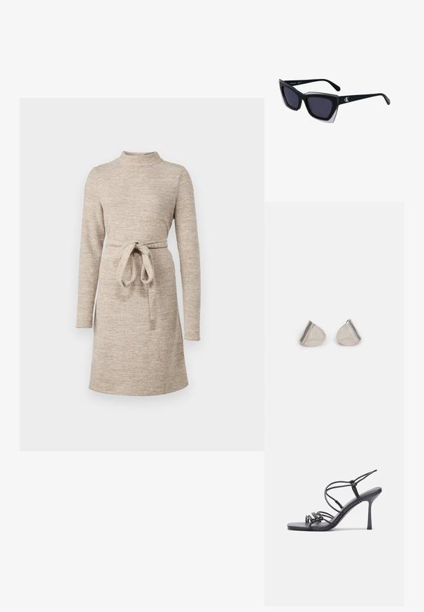 Rochie tricotată bej cu guler înalt, mâneci lungi și o curea din aceeași țesătură la talie. Textură moale și croi în A, până la genunchi.; Sandale negre cu toc înalt au curele subțiri cu un design legat, un vârf pătrat neted și un toc stiletto elegant.; Ochelari de soare supradimensionați, negri, cu o formă geometrică, având lentile întunecate și un detaliu gri contrastant pe ramă. Logo pe braț.; Cercei din metal argintiu cu o formă netedă, în formă de lacrimă și un finisaj lucios. Gravuri subtile adaugă detalii. Design minimalist.