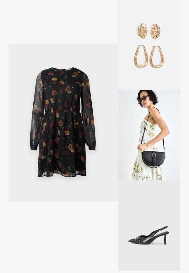 Black floral dress made of sheer fabric. Features long puff sleeves, a round neckline, an elastic waist, and a dotted pattern with various flowers.; Black patent leather slingback shoe with pointed toe, ankle straps featuring silver buckles and hardware, and a slender heel.; Black leather handbag with a curved shape, detachable strap, and gold hardware. The bag features a flap with a buckle detail.; Gold-tone earrings featuring textured, wavy shapes. Includes sculptural clip-on studs and open hoop design with a hammered finish.