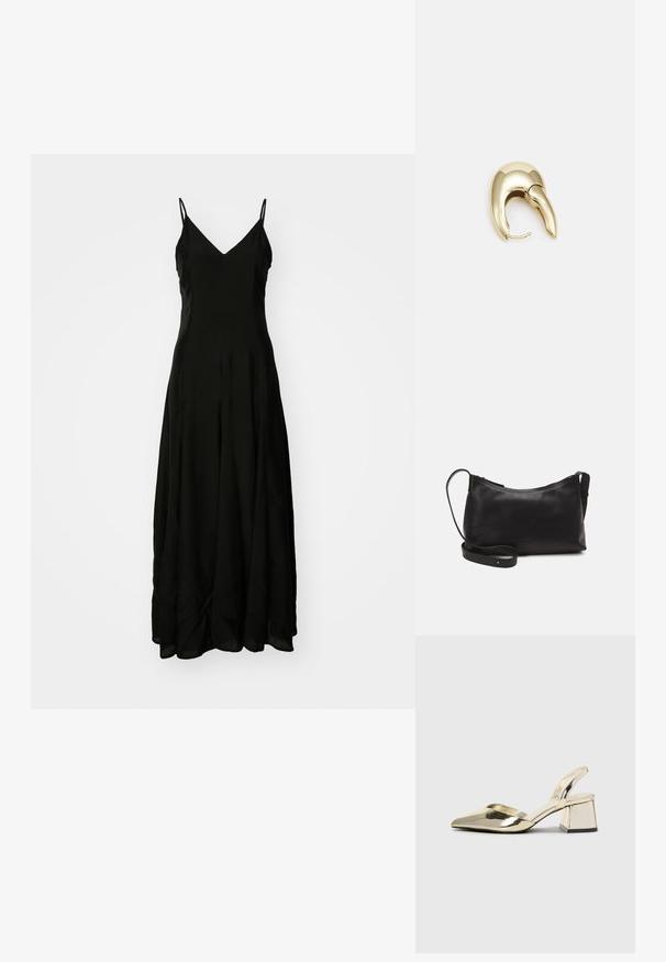 Svart maxi-kjole med spagetti-stropper, v-utringning, flytende silhuett, jevn tekstur og subtile draperingsdetaljer ved kanten.; Gull, metallisk slingback-hæler med spiss tå og chunky hæl. Glatt tekstur, minimalistisk design og en smal stropp.; Svart skinn skulderveske med glatt tekstur, buet form, justerbar stropp og glidelås. Minimalistisk design uten dekorasjoner.; Gullfarget metalløredobber med et elegant, buet design. Har en karakteristisk spiss form, polert overflate og hengsel-lukking.