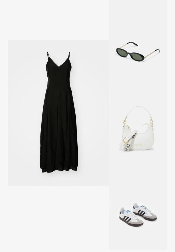 Svart maxi-kjole med spagetti-stropper, v-utringning, flytende silhuett, jevn tekstur og subtile draperingsdetaljer ved kanten.; Sportssko med en hvit skinnoverdel, grå semsket tå og tre svarte striper. Har en blå logo på tungen og en teksturert gummisåle.; Ovale solbriller med grønne linser, sort plastfront og tynde guldmetallestel. Har et minimalistisk design med glat tekstur.; Hvit håndveske med en buet silhuett, teksturert lær, gullfarget hardware, og en avtagbar stropp med logo og spenne-detaljer.