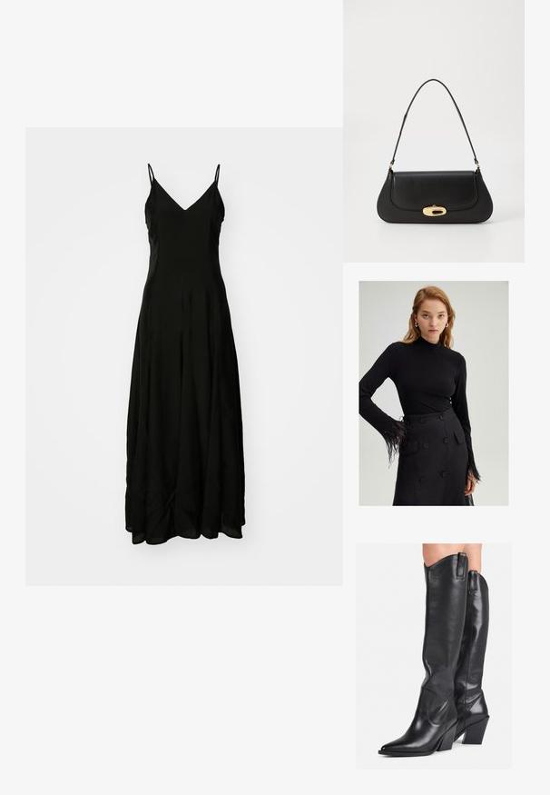 Černé maxi šaty se zavazováním za krk, výstřihem do V, volným střihem, hladkou texturou a jemným drapováním na spodním lemu.; Černý top s dlouhými rukávy a krátkým límečkem, zdobený peřím na manžetách, v kombinaci s černou sukní s vysokým pasem, která má velké knoflíky.; Černé kožené vysoké boty po kolena s špičatou špičkou, zakřiveným svrškem a robustním podpatkem. Mají hladkou texturu a poutka na vrchu.; Černá kožená kabelka s zakřiveným designem, zlatými akcenty a horním uchem. Vybavena elegantním zavíráním a hladkým povrchem.