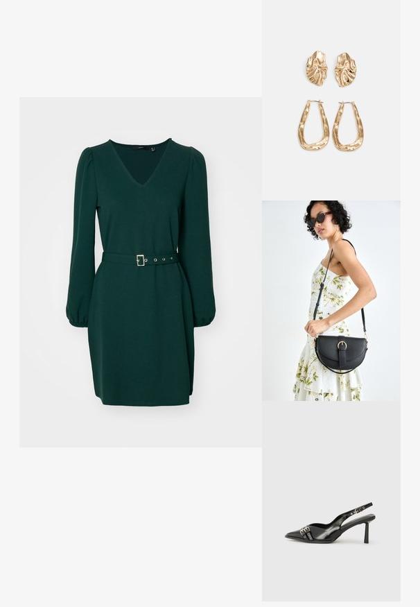 Vestido verde com decote em V, mangas longas bufantes e cintura cingida. Feito de um tecido suave com uma silhueta reta e um design simples.; Sapato slingback preto em pele patentada com bico apontado, tiras no tornozelo apresentando fivelas e acessórios prateados, e um salto elegante.; Bolsa de couro preta com forma curva, alça destacável e detalhes em dourado. A bolsa possui uma aba com detalhe de fivela.; Brincos em tom de ouro com formas onduladas e texturizadas. Inclui studs escultóricos com presilha e um design de argola aberta com um acabamento martelado.