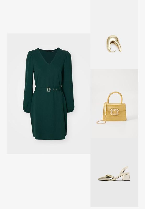 Zaļš kleita ar V veida kakla izgriezumu, garām pūkainām piedurknēm un jostu viduklī. Izgatavota no gludas auduma ar taisnu siluetu un vienkāršu dizainu.; Zeltaini, metāla kurpes ar siksniņām, norakans purngalis un masīla papēdis. Gluda tekstūra, minimālisma dizains un šaura siksna.; Dzeltena mākslīgā krokodila roku soma ar strukturētu dizainu, augšējo rokturi, noņemamu ķēdes siksniņu un dekoratīvām kristāla rotājumiem aizdares daļā.; Zeltīti metāla auskari ar gludu, izliekta dizaina. Ar atšķirīgu smailu formu, pulētu virsmu un eņģu aizdari.