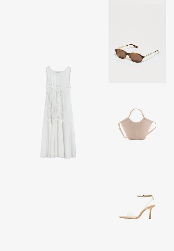 Robe blanche sans manches avec un col rond, des détails froncés à la taille et une jupe fluide. Fabriquée en tissu doux et léger.; Sandale à talon transparent avec un supérieur transparent, semelle beige et une fine bride de cheville. Dispose d'un bout pointu et d'un fin talon haut.; Lunettes de soleil en écaille de tortue avec des verres ronds de couleur brun foncé. Présente des accents dorés sur les branches et une finition brillante. Nom de la marque visible sur la monture.; Sac à main en cuir beige avec une forme unique, doté de deux poignées courtes et d'une longue sangle réglable. Texture lisse avec un minimum de matériel.