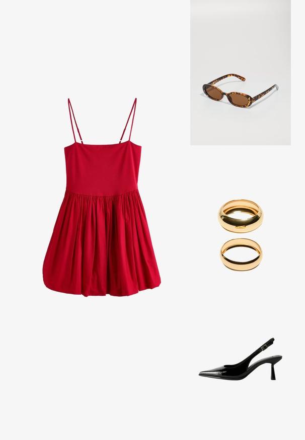 Rdeča brezrokavna obleka s prilegajočim bodicem in razširjenim, gubanem krilom. Narejena iz lahkega blaga z tankimi naramnicami in gladko teksturo.; Črne lakirane slingback čevlje s koničastim nosom, izrezanimi stranicami, nastavljivim gležnjarjem in tankim, elegantnim peto.; Želve kreme sončna očala z ovalnimi okvirji, rjavimi lečami in tankimi črnimi ročaji, ki imajo subtilne vzorčne akcentne podrobnosti.; Dva zlatna prstena sta prikazana, jedan je debeo i zaobljen, a drugi tanak i ravan. Obe imaju glatku, sjajnu površinu sa sjajnim završnim obradom.