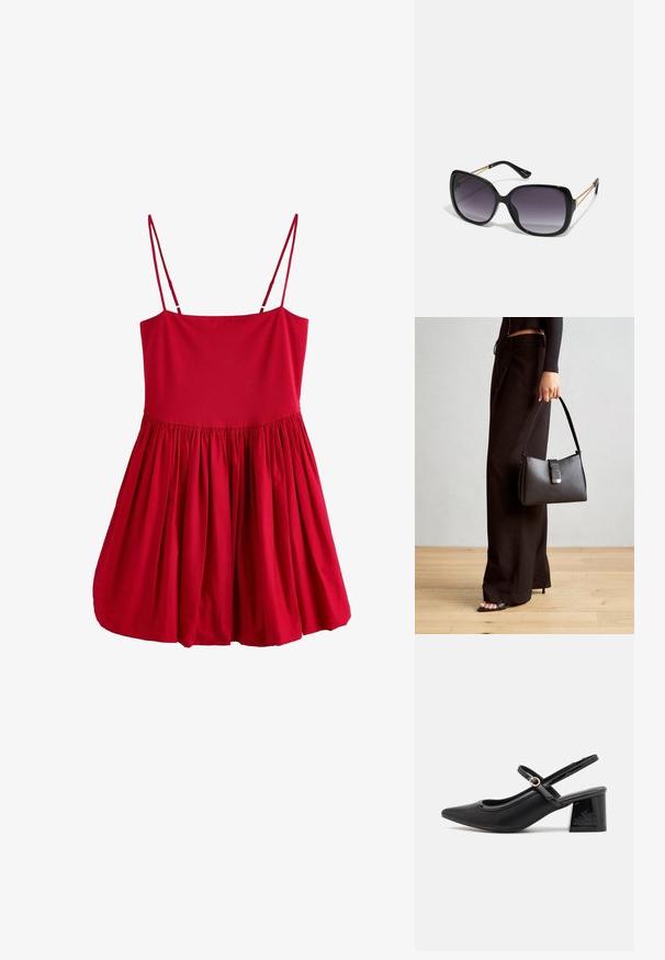 Abito rosso senza maniche con un corpetto aderente e una gonna svasata e arricciata. Realizzato in tessuto leggero con spalline sottili e una consistenza liscia.; Décolleté in vernice nera con cinturino dietro, punta affusolata, design con ritagli arrotondati e tacco a blocco. Presenta un accento di fibbia tono oro.; Occhiali da sole neri oversize con lenti sfumate, montatura spessa e dettagli in catena dorata sulle astine.; Borsa nera con forma strutturata, texture liscia e una chiusura metallica. Abbinata a pantaloni neri larghi e sandali open-toe su un pavimento in legno.
