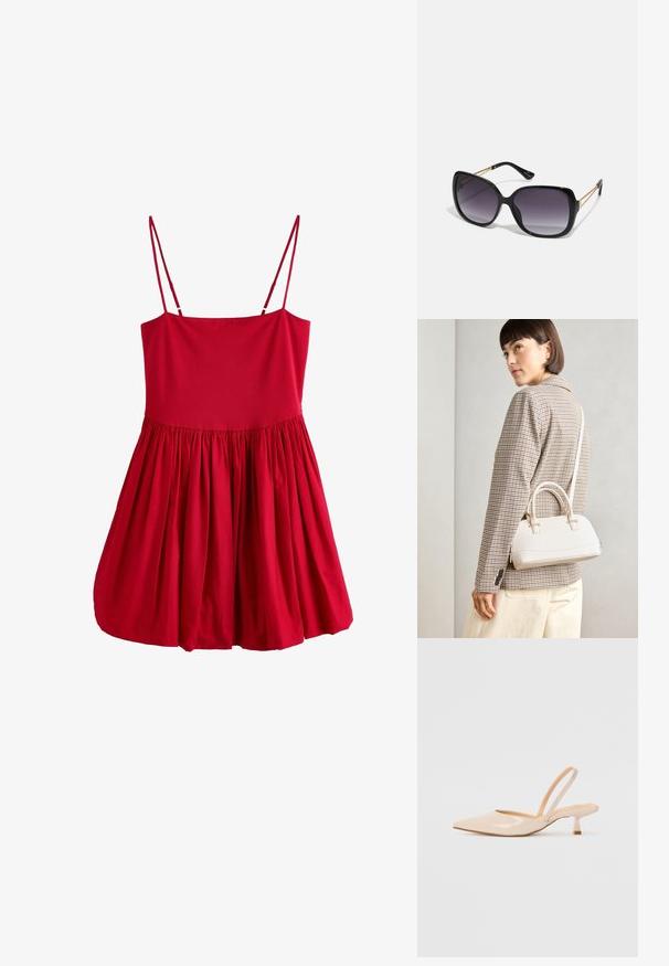 Červené šaty bez rukávů s přiléhavým živůtkem a rozšířenou, nařasenou sukní. Vyrobené z lehkého materiálu s tenkými ramínky a hladkou texturou.; Béžové lakované kožené lodičky se špičatou špičkou a štíhlým čtvercovým podpatkem. Hladký povrch a minimalistický design bez ozdob.; Černé oversized sluneční brýle se gradientními skly, silnými rámy a zlatými řetízkovými detaily na nožičkách.; Bílá strukturovaná kabelka s krátkými uchy a ramenním popruhem, zdobená zlatými kovovými prvky a texturovaným materiálem, vystavená na šedém pozadí.