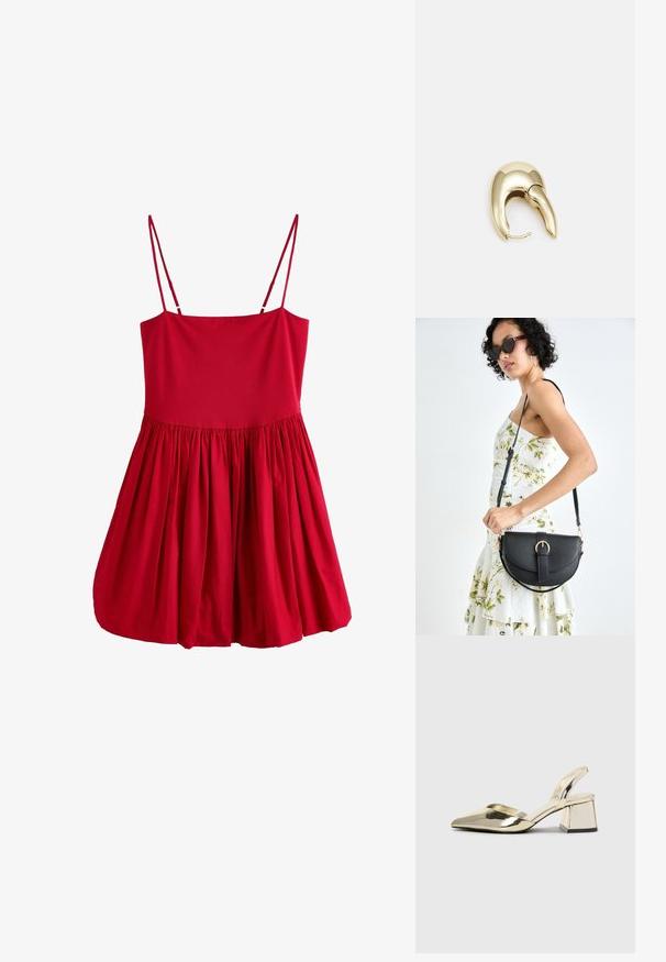 Robe sans manches rouge avec un corsage ajusté et une jupe évasée froncée. Fabriquée en tissu léger avec des bretelles fines et une texture lisse.; Talons aiguilles dorés métalliques avec un bout pointu et un talon épais. Texture lisse, design minimaliste et une fine bride.; Sac à main en cuir noir avec une forme courbée, bandoulière amovible et des accessoires en or. Le sac est doté d'un rabat avec un détail de boucle.; Boucle d'oreille en métal doré avec un design élégant et courbé. Présente une forme conique distinctive, une surface polie et une fermeture à charnière.