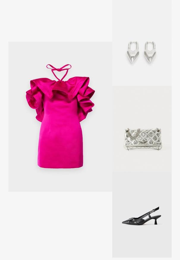 Fuksijos spalvos mini suknelė su didžiulėmis glamžytomis rankovėmis ir kaklo juosta. Lygus satino audinys, prigludusi siluetas ir minimalus siūlių skaičius.; Juodas odinis slingback tipo batai su smailiu priekiniu atvartu, dekoratyvinėmis sagtimis su metaliniais akyčiais ir žemu blokiniu kulnu. Saldus paviršius.; Sidabrinė metalinė rankinė su grandinėlės rankena, iškaltu paviršiumi, dekoratyvine siuvimo siūle ir užtrauktuku. Priekyje turi iškilmingus akcentus.; Sidabrinės širdelės formos užraktai su išgraviruotais žodžiais "TAIP" ir "NE", poliruotas paviršius, simetriškas dizainas ir tvirtas metalinis užraktas.